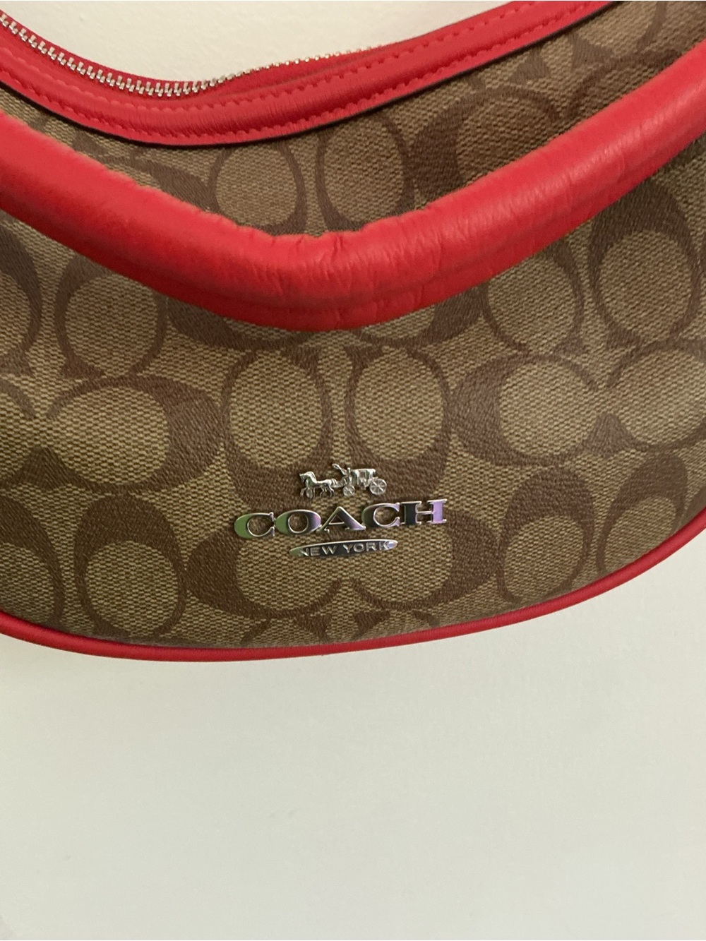 Coach Brown Signature Canvas Crescent Shoulder Bag with Red Trim - Picture 3 of 8